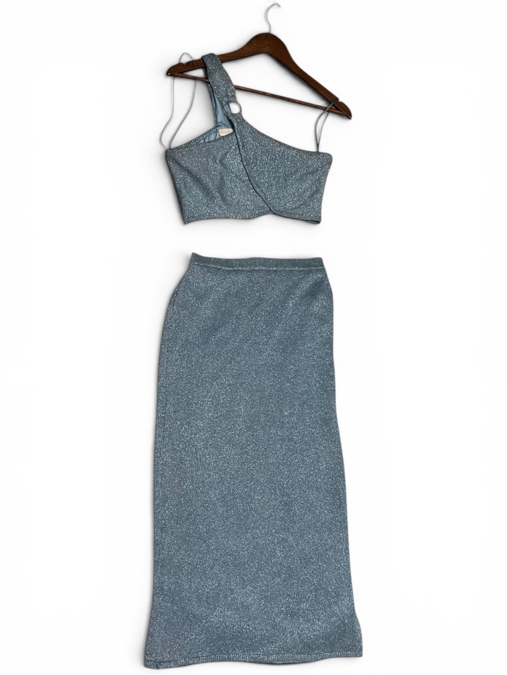 House of Harlow Blue Metallic Shimmer One Shoulder 2-Piece Crop Top Skirt Set SM